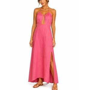 HEVRON Pink 100% Linen Halter Maxi Dress Halter Cut Out Front, Side Slits L